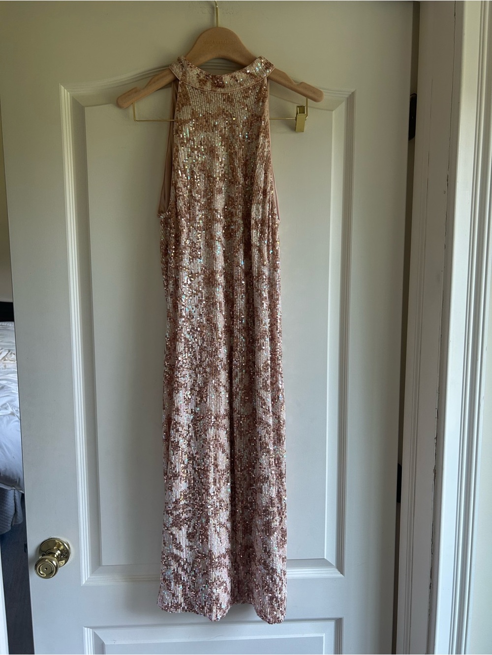 SHO by Tadashi Shoji Sequined Rose Gold Halter Evening Dress